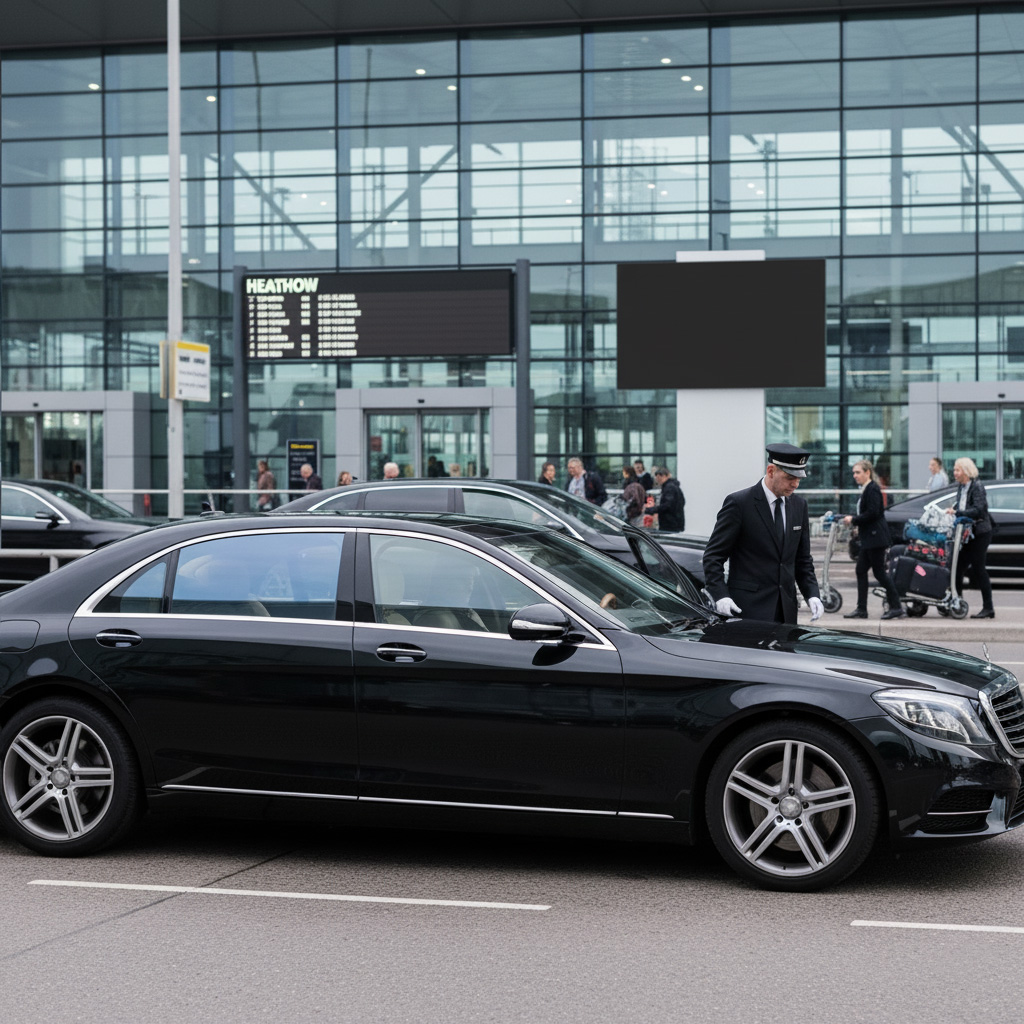 Home A black Mercedes-Benz S-Class luxury saloon with a professional chauffeur stands curbside at London Heathrow Airport's terminal building for an airport transfer.