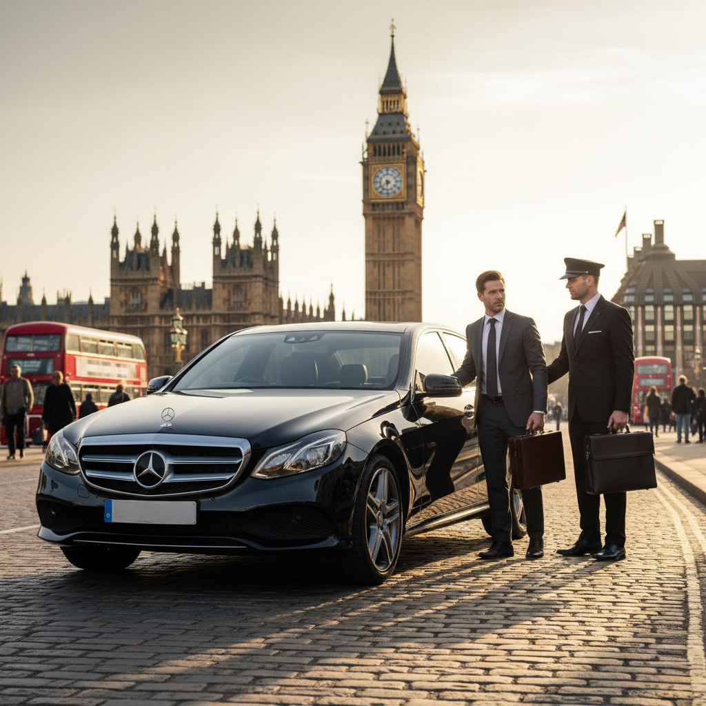 Home A black Mercedes-Benz S-Class luxury saloon is parked outside a modern building. A chauffeur in a black uniform opens the rear door for a businessman wearing a suit, ready for corporate travel.