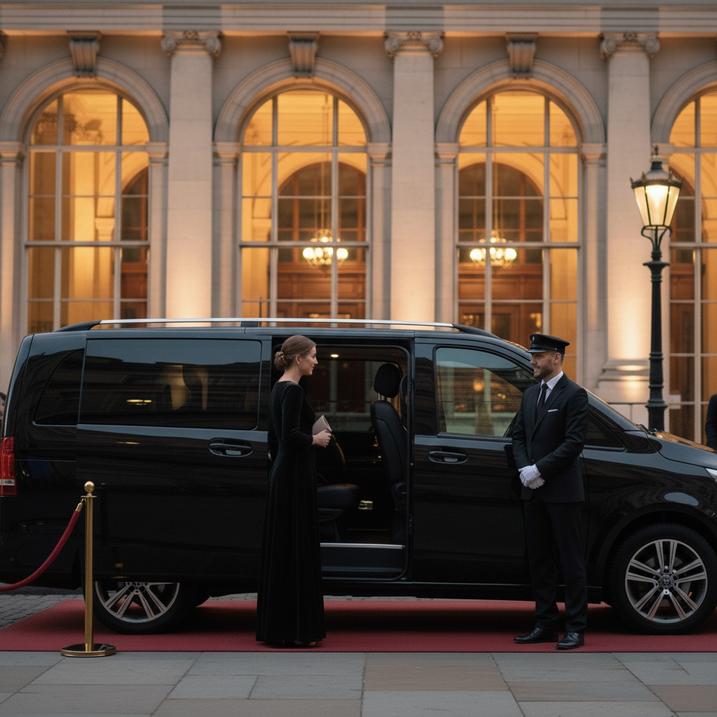 Home A close-up of a black Mercedes-Benz V-Class luxury van, with its door open, while two formally dressed female guests step out for event transportation.