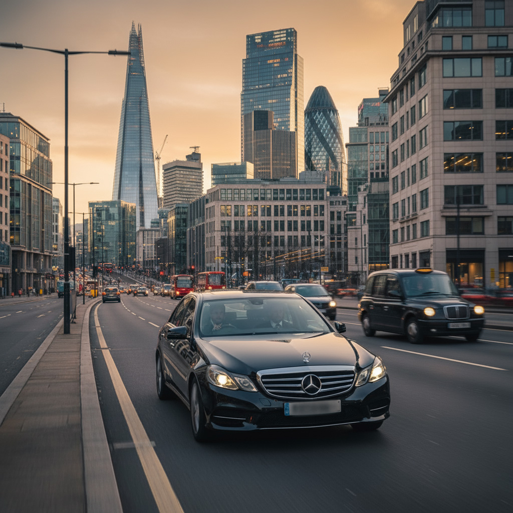 Home A black Mercedes-Benz E-Class saloon drives along a busy city road in London, reflecting a service for intercity transfers or long-distance journeys.